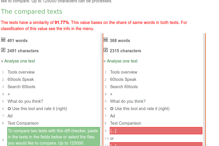 60tools.com Text Comparison (Screenshot)